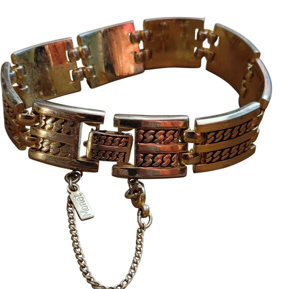 Vintage Monet Gold Tone Chain Link Hinged Bracelet Safety Chain Large - Picture 2 of 7